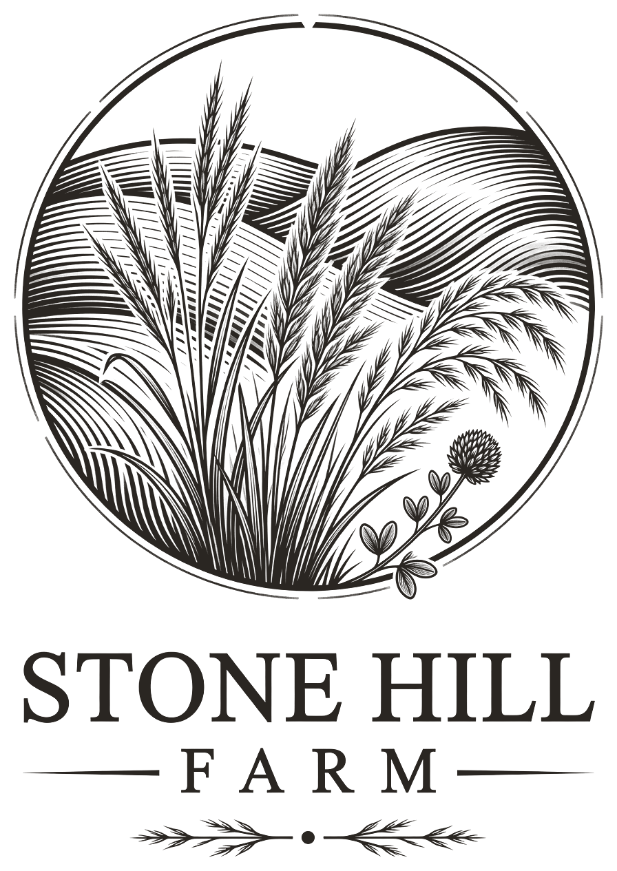 Stone Hill Farm — engraved botanical mark of rolling hills, wild grasses, and roundhead lespedeza